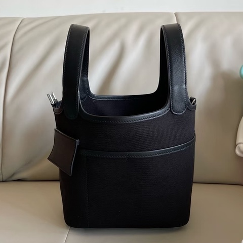 🐎Hermes愛馬仕｜Picotin菜籃子18 黑金cargo帆布拼皮水桶包｜99新｜B刻