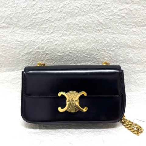 Celine/賽琳 TRIOMPHE黑金凱旋門光面牛皮腋下鏈條包單肩包
