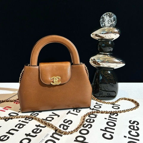 Chanel/香奈兒 26S mini kelly復古金棕焦糖色手提包單肩包斜挎包 芯片款 底長：20cm