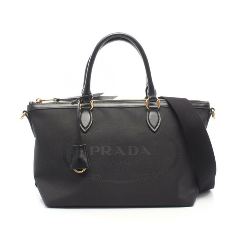 PRADA LOGO JACQUARD 單肩斜背包 1BA104 帆布皮革 黑色 二手