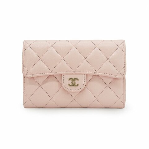 Chanel 展示品 粒紋牛皮金釦三折釦式中夾(AP0232-粉)