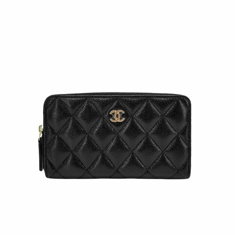 Chanel 展示品 金雙C Logo菱格粒紋牛皮拉鍊中夾(AP0226-黑)