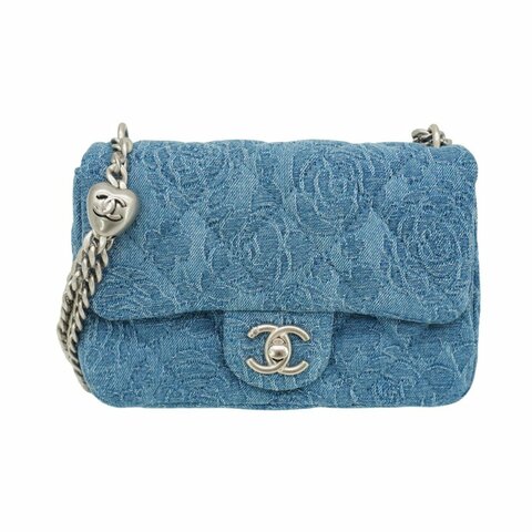 Chanel 展示品 Mini Coco 山茶花緹花牛仔愛心調節銀鍊斜背包-17cm(AS3828-牛仔藍)