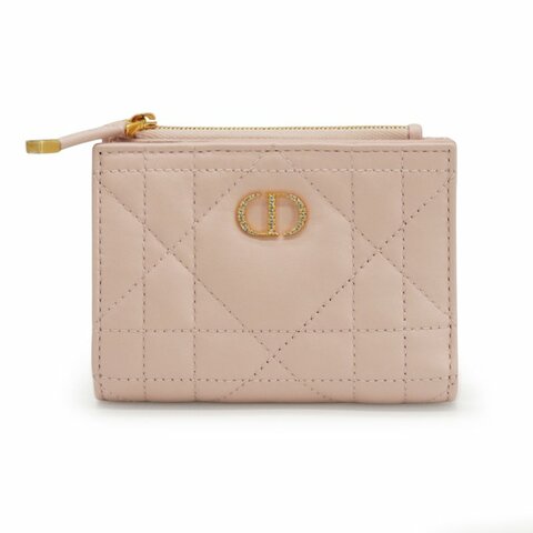 Dior Caro Dahlia 籐格紋羊皮水鑽logo對開釦式短夾(S4208-粉)