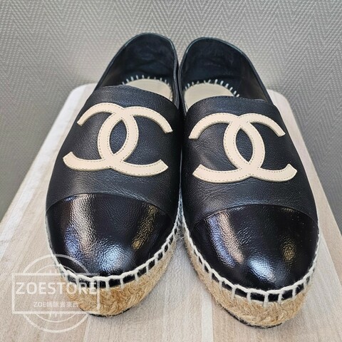 Chanel 黑羊皮拼米色logo Espadrilles 38號 平底鞋 漁夫鞋