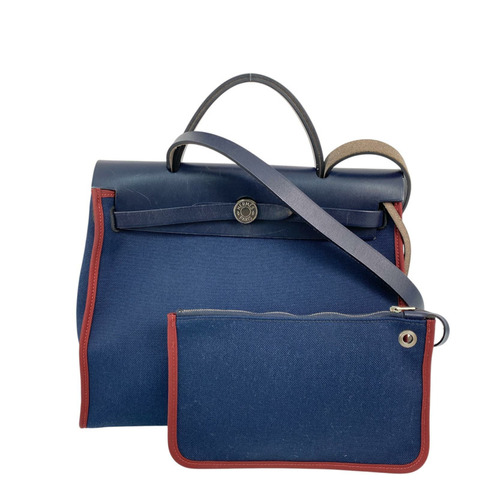△ HERMES 愛馬仕 Navy Canvas Palladium Plated Metal Herbag 31 Stamp T 2 way bag 深藍色帆布鍍鈀金屬T刻兩用袋-267014863