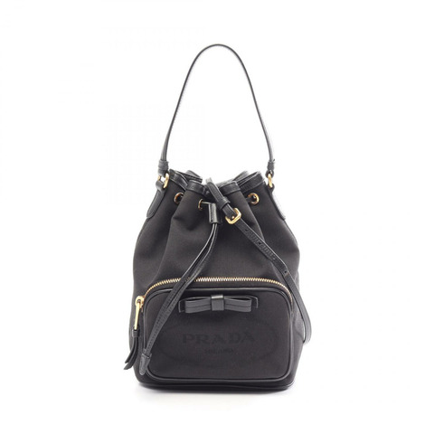 PRADA LOGO JACQUARD 緞帶抽繩兩用手提包，帆布皮革材質，黑色，二手女款