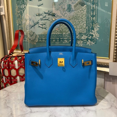 Hermes B3坦桑尼亞藍T/C皮Birkin30金釦手提包H025789CCB3
