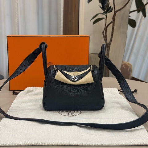 Hermes 愛馬仕 mini lindy 一代 手提包斜挎包 黑銀 TC皮 長肩帶