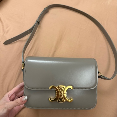 Celine 思琳 Triomphe 經典凱旋門肩背包/斜背包/鵝卵石灰金釦/95新美品