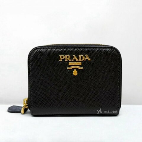 A13467-PRADA 黑色防刮牛皮金釦ㄇ拉卡包零錢包 1MM268