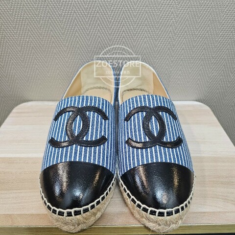 Chanel 藍白條紋帆布拼亮面皮革 37號 平底鞋 漁夫鞋 鉛筆鞋