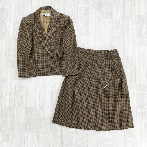 Christian Dior 中古千鳥格雙排扣西裝百褶裙套裝
