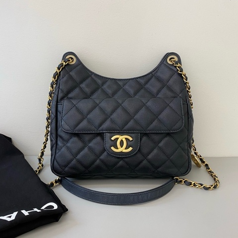 Chanel/香奈兒 23P 天貓精靈 金幣 黑金荔枝紋牛皮hobo鏈條包肩背包 中號 芯片款
