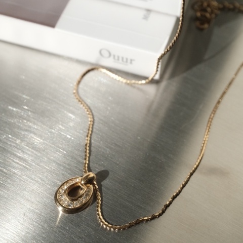 Dior vintage Christian Dior 迪奧復古金色弧形半鑲鑽橢圓墜飾項鍊