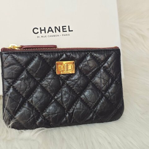 CHANEL 香奈兒 2.55 轉扣菱格紋拉鍊零錢包 黑金 巴黎康朋店購入 稀有款