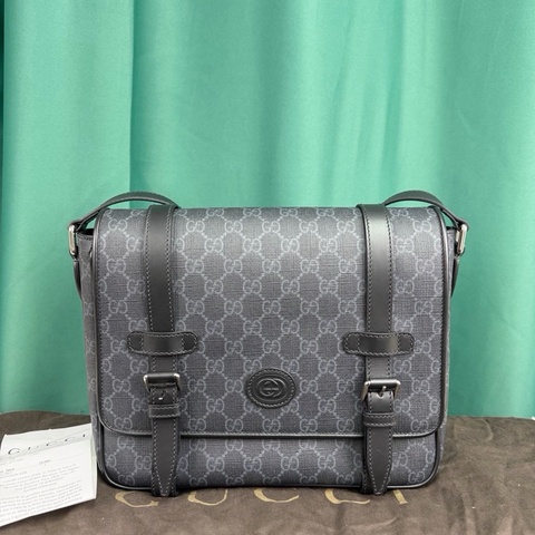 古馳Gucci 黑老花 郵差 信使包 單肩斜挎包