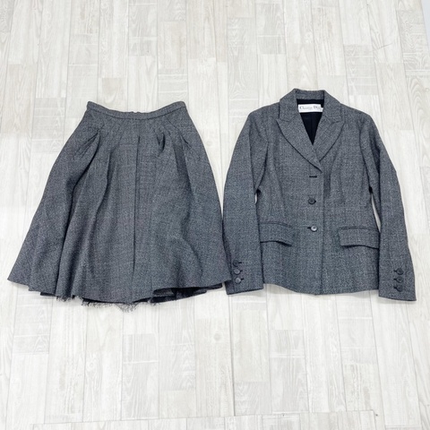 Christian Dior 中古法製灰色雜紗西裝外套百褶傘裙套裝