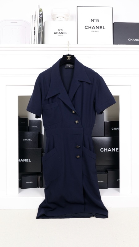 Chanel 90年秀款海报款深蓝色侧边金扣两口袋短袖连衣裙外套