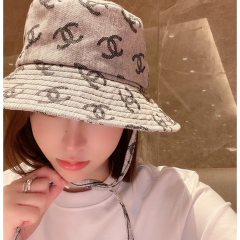 Chanel 香奈兒 滿版logo 灰色單寧 漁夫帽S