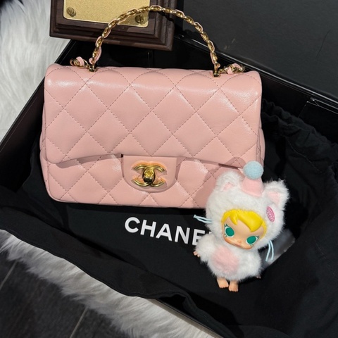 香奈兒Chanel 23s 麻花手柄大方胖 櫻花粉羊皮單肩手提包