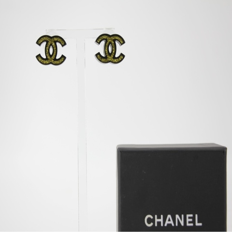 Chanel 17S 樹脂金粉黑色耳環