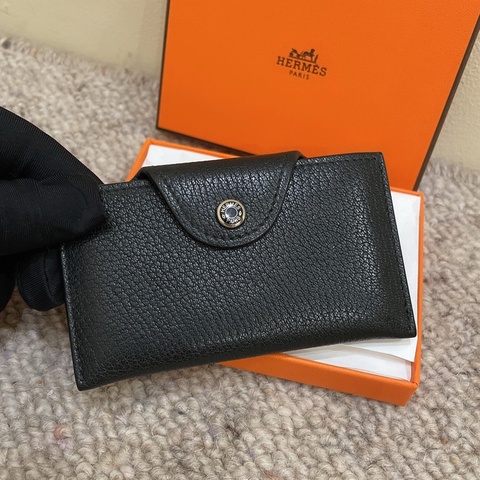 99新 Hermes 黑銀山羊皮 Iliade 卡包 W刻 配件盒子
