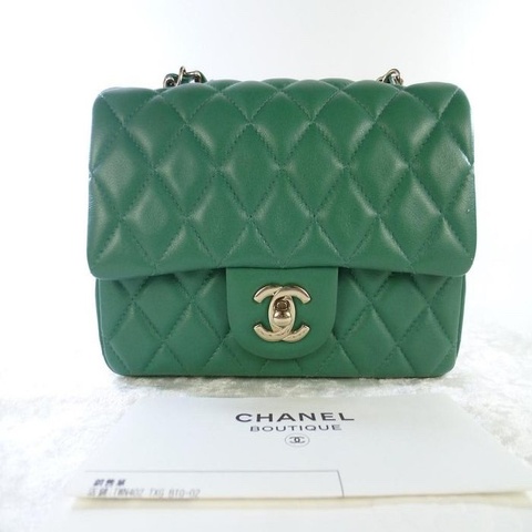 CHANEL 香奈兒 mini flapbag 綠色 經典 coco 口蓋包 金釦 小羊皮 金鍊 台灣專櫃