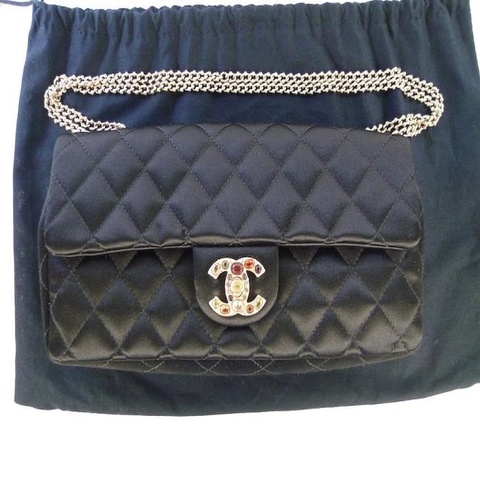 CHANEL 香奈兒 晚宴包 25cm 黑色 菱格緞面 法棍包 金鍊 寶石扣 台灣專櫃 自用首選