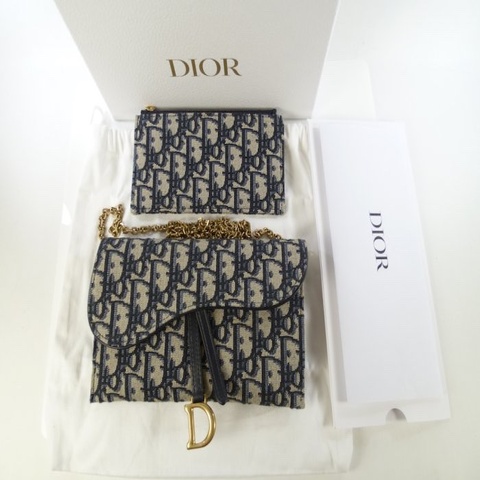 DIOR 迪奧 Saddle 長型銀包 復古金色 手拿包 近新品 藍色 緹花 肩背 鏈帶