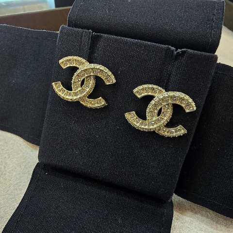 CHANEL 香奈兒 經典雙CC滿鑽耳環 金色 水鑽Logo耳環 2cm