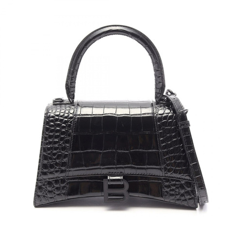 BALENCIAGA Hourglass 小號鱷魚紋雙肩手提包 593546 1LR67 黑色皮革 二手 女士