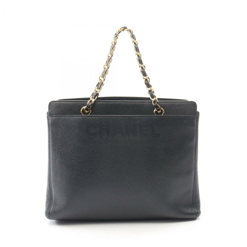 香奈兒 (CHANEL) 標誌刺繡手提包，鏈條包，小牛皮，海軍藍，二手，女士，金色五金