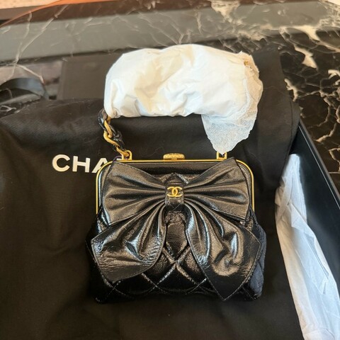 Chanel/香奈兒 全套 24A香奈兒黑色油蠟皮蝴蝶結鏈條包 千金大小姐最愛