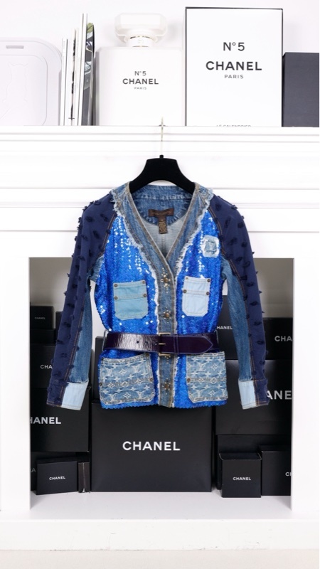 LV 05年牛仔秀款丹宁蓝色亮片V领四口袋外套