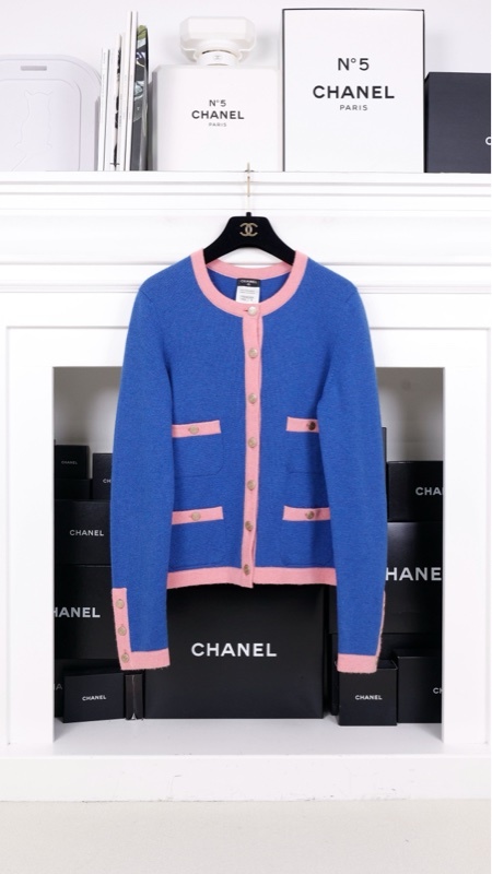 Chanel 13年姚晨同款粉蓝拼接羊绒针织四口袋开衫上衣