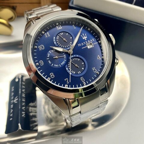 MASERATI手錶,編號R8853112505,46mm寶藍錶殼,銀色錶帶款