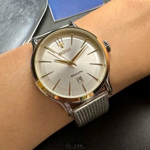 MASERATI手錶,編號R8853118001,42mm金色圓形精鋼錶殼,銀白色簡約, 中三針顯示錶面,銀色精鋼錶帶款