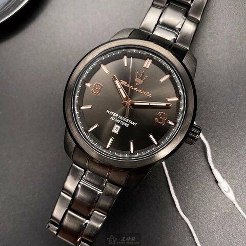 MASERATI手錶,編號R8853121008,44mm黑圓形精鋼錶殼,黑色簡約, 中三針顯示錶面,深黑色精鋼錶帶款