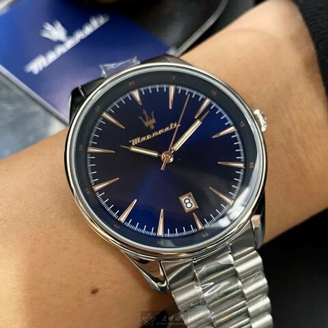 MASERATI手錶,編號R8853146002,46mm銀圓形精鋼錶殼,寶藍色中三針顯示錶面,銀色精鋼錶帶款