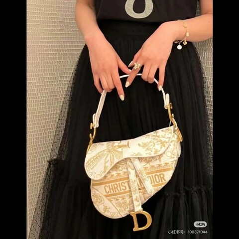 99新 Dior迪奧 限定款白金刺繡Saddle馬鞍包 白色金扣 帆布