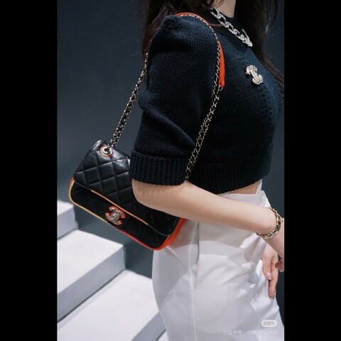 98新 Chanel香奈兒黑銀cf系列季節限定彩色邊飾口蓋包鏈條包中號 黑