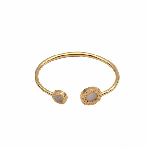 BVLGARI 18K玫瑰金白貝母紅玉髓大小圓餅翻轉開口手鐲粗版