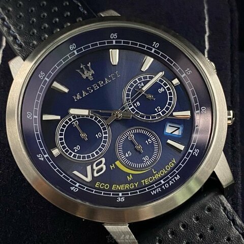 MASERATI手錶,編號R8871134002,44mm銀圓形精鋼錶殼,寶藍色運動, 精密刻度錶面,寶藍真皮皮革錶帶款
