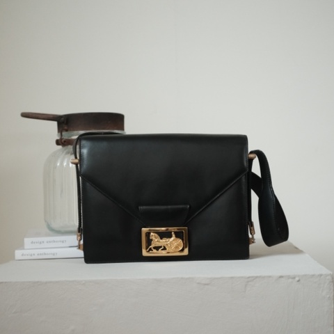 CELINE Vintage 1970s 思琳黑色平滑小牛皮 信封翻蓋雙層馬車包