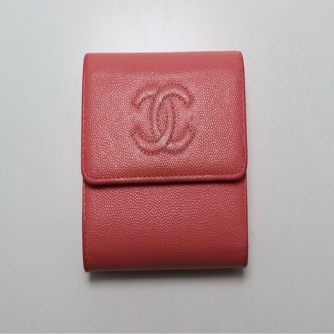 真品CHANEL香奈兒 23開 魚子醬皮金色五金 Coco Mark 三折短夾