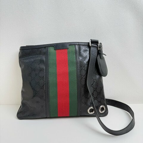 古馳 / Gucci 紅綠條紋織帶郵差包斜挎包 黑色銀扣 尺寸：34*29cm