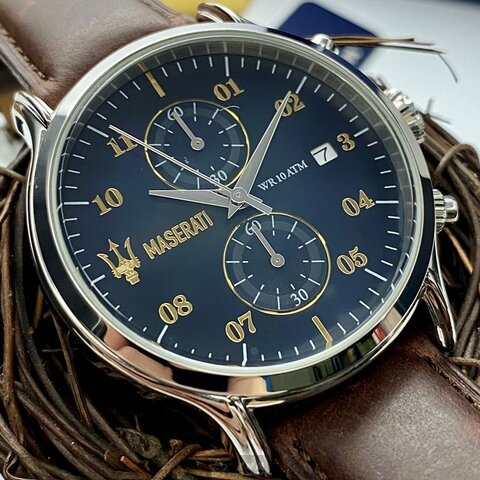 MASERATI手錶,編號R8871618001,42mm銀圓形精鋼錶殼,寶藍色雙眼錶面,咖啡色真皮皮革錶帶款