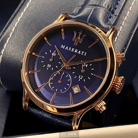 MASERATI瑪莎拉蒂男女通用錶,編號R8871618007,42mm玫瑰金錶殼,寶藍錶帶款