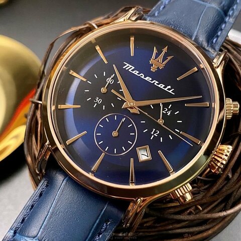 MASERATI手錶,編號R8871618013,42mm玫瑰金錶殼,寶藍錶帶款